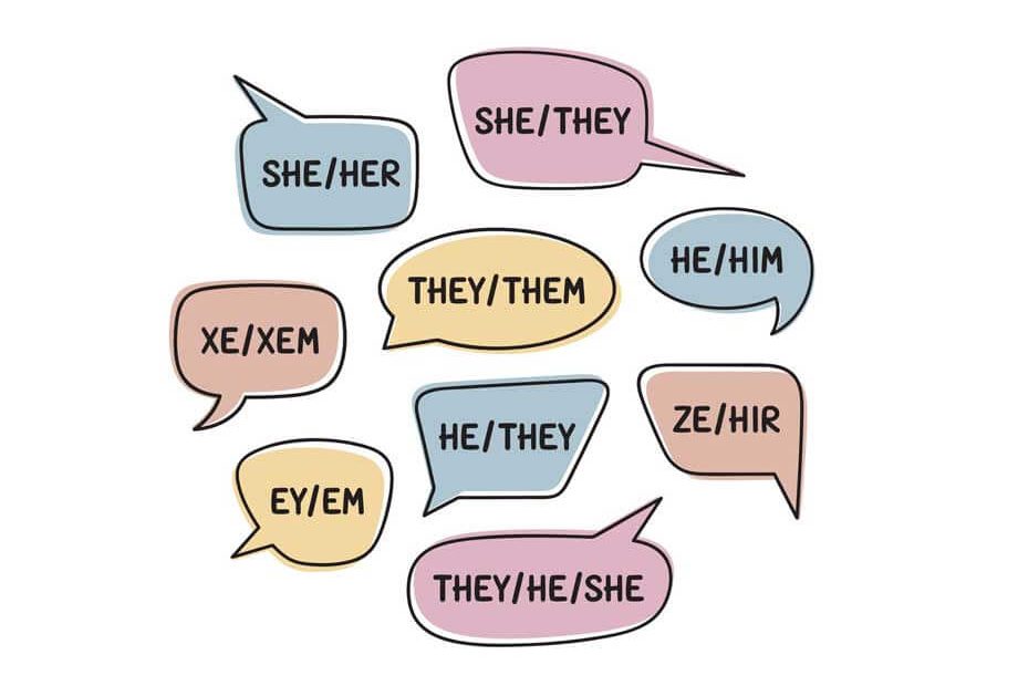 Various personal gender pronouns in speech bubbles including gender neutral, multiple and neopronouns.